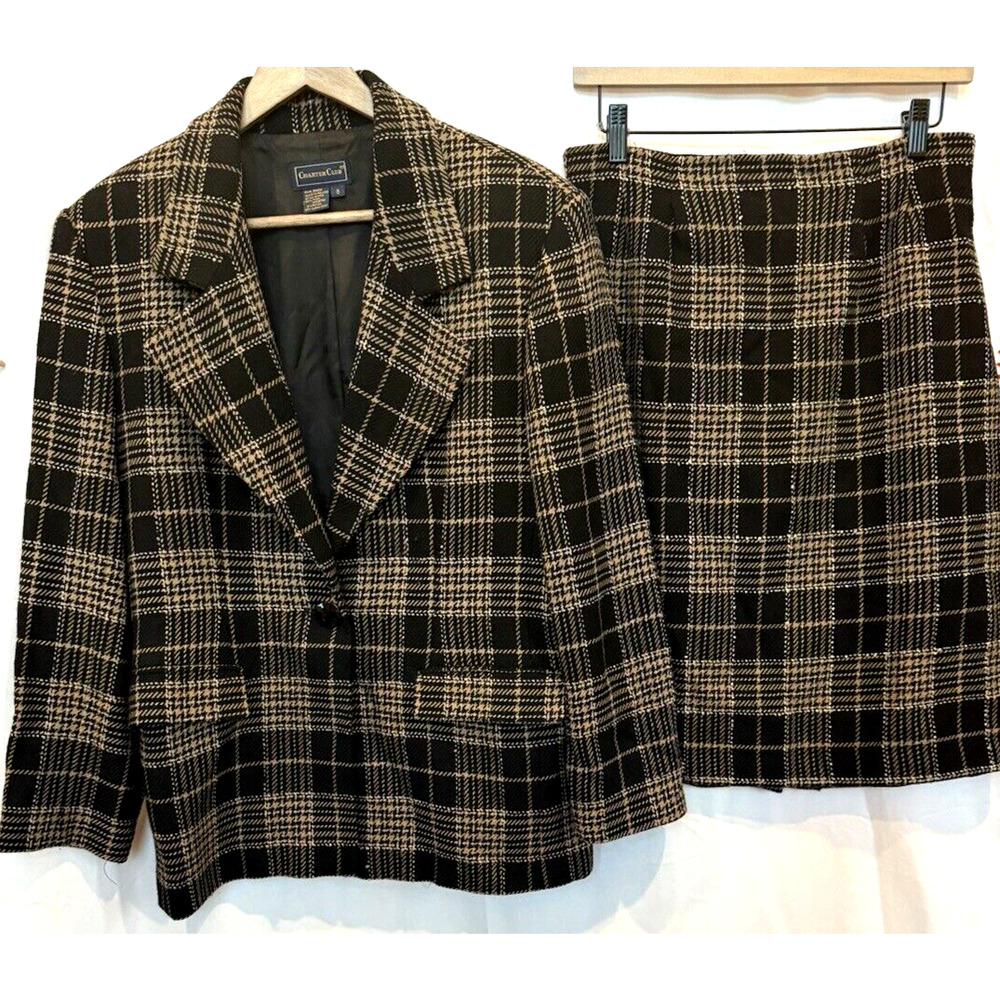 Dark Academia Wool Suit Set Womens 8 Blazer Skirt Plaid Tweed Tartan